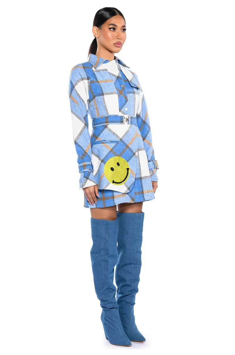 SMILEY EMBELLISHED PATCH FLANNEL TRENCH MINI DRESS 6 SMILEY EMBELLISHED PATCH FLANNEL TRENCH MINI DRESS - Image 4