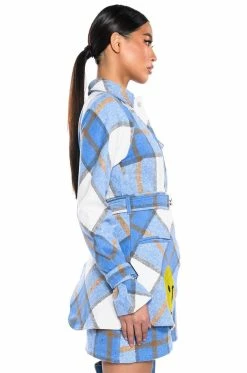 SMILEY EMBELLISHED PATCH FLANNEL TRENCH MINI DRESS 14 SMILEY EMBELLISHED PATCH FLANNEL TRENCH MINI DRESS -AKIRA Sales Shop smiley embellished patch flannel trench mini dress blue multi 5 5