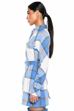 SMILEY EMBELLISHED PATCH FLANNEL TRENCH MINI DRESS 15 SMILEY EMBELLISHED PATCH FLANNEL TRENCH MINI DRESS -AKIRA Sales Shop smiley embellished patch flannel trench mini dress blue multi 6 6