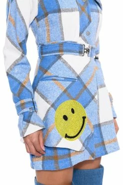 SMILEY EMBELLISHED PATCH FLANNEL TRENCH MINI DRESS 17 SMILEY EMBELLISHED PATCH FLANNEL TRENCH MINI DRESS -AKIRA Sales Shop smiley embellished patch flannel trench mini dress blue multi 8 8