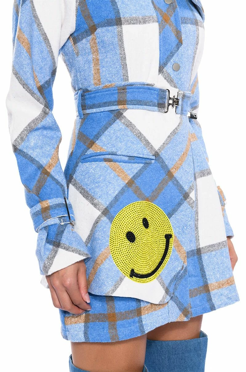 SMILEY EMBELLISHED PATCH FLANNEL TRENCH MINI DRESS 10 SMILEY EMBELLISHED PATCH FLANNEL TRENCH MINI DRESS - Image 8