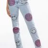 SMILEY FACES RHINESTONE HIGH RISE STRAIGHT LEG JEANS -AKIRA Sales Shop smiley faces rhinestone high rise straight leg jeans light blue denim 1 1