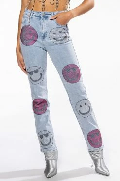 SMILEY FACES RHINESTONE HIGH RISE STRAIGHT LEG JEANS