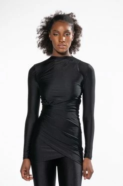 STAR STRETCH LONG SLEEVE MOCK NECK RUCHED MINI DRESS IN BLACK -AKIRA Sales Shop star stretch long sleeve mock neck ruched mini dress in black black 3 3