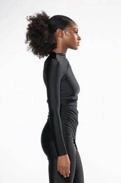 STAR STRETCH LONG SLEEVE MOCK NECK RUCHED MINI DRESS IN BLACK -AKIRA Sales Shop star stretch long sleeve mock neck ruched mini dress in black black 4 4