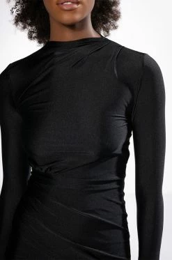 STAR STRETCH LONG SLEEVE MOCK NECK RUCHED MINI DRESS IN BLACK -AKIRA Sales Shop star stretch long sleeve mock neck ruched mini dress in black black 7 7