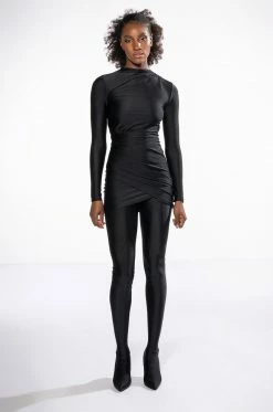 STAR STRETCH LONG SLEEVE MOCK NECK RUCHED MINI DRESS IN BLACK -AKIRA Sales Shop star stretch long sleeve mock neck ruched mini dress in black black 8 8