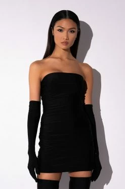 STAR STRETCH RUCHED STRAPLESS MINI DRESS WITH LONG GLOVES IN BLACK 17 STAR STRETCH RUCHED STRAPLESS MINI DRESS WITH LONG GLOVES IN BLACK -AKIRA Sales Shop star stretch ruched strapless mini dress with long gloves in black black 6 6