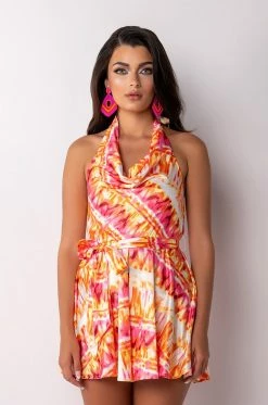 SUMMER TIME FINE COWL NECK HALTER TOP ROMPER -AKIRA Sales Shop summer time fine cowl neck halter top romper pink multi 3 3