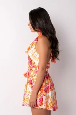 SUMMER TIME FINE COWL NECK HALTER TOP ROMPER -AKIRA Sales Shop summer time fine cowl neck halter top romper pink multi 4 4