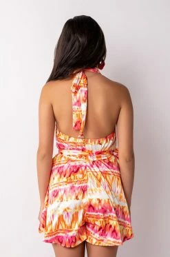 SUMMER TIME FINE COWL NECK HALTER TOP ROMPER -AKIRA Sales Shop summer time fine cowl neck halter top romper pink multi 5 5
