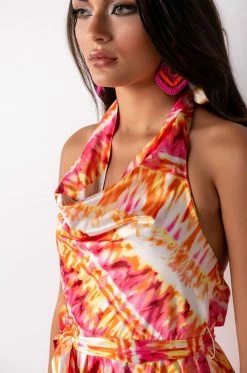 SUMMER TIME FINE COWL NECK HALTER TOP ROMPER -AKIRA Sales Shop summer time fine cowl neck halter top romper pink multi 6 6
