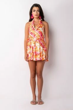 SUMMER TIME FINE COWL NECK HALTER TOP ROMPER -AKIRA Sales Shop summer time fine cowl neck halter top romper pink multi 7 7