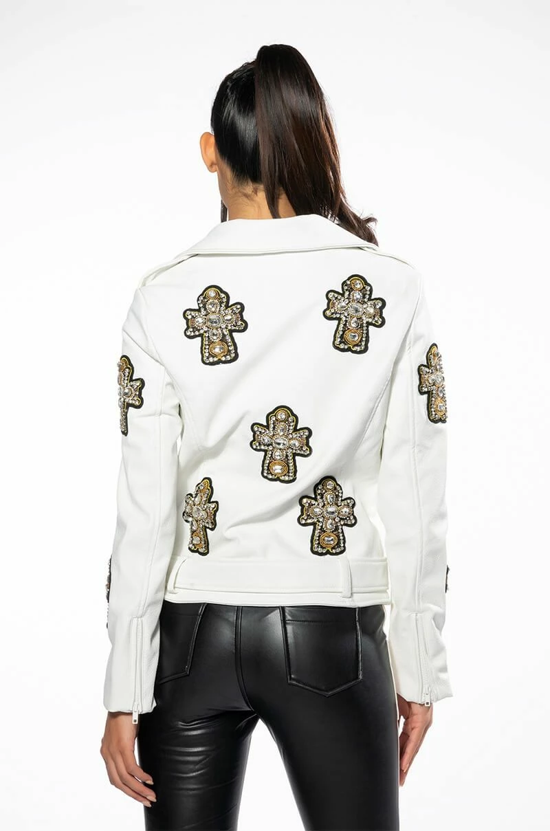 THANK GOD FOR ME RHINESTONE EMBELLISHED PU MOTO JACKET - Image 10