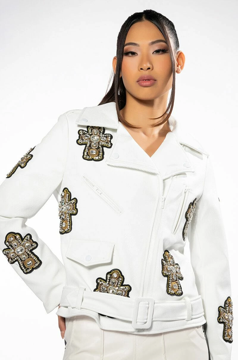 THANK GOD FOR ME RHINESTONE EMBELLISHED PU MOTO JACKET - Image 2