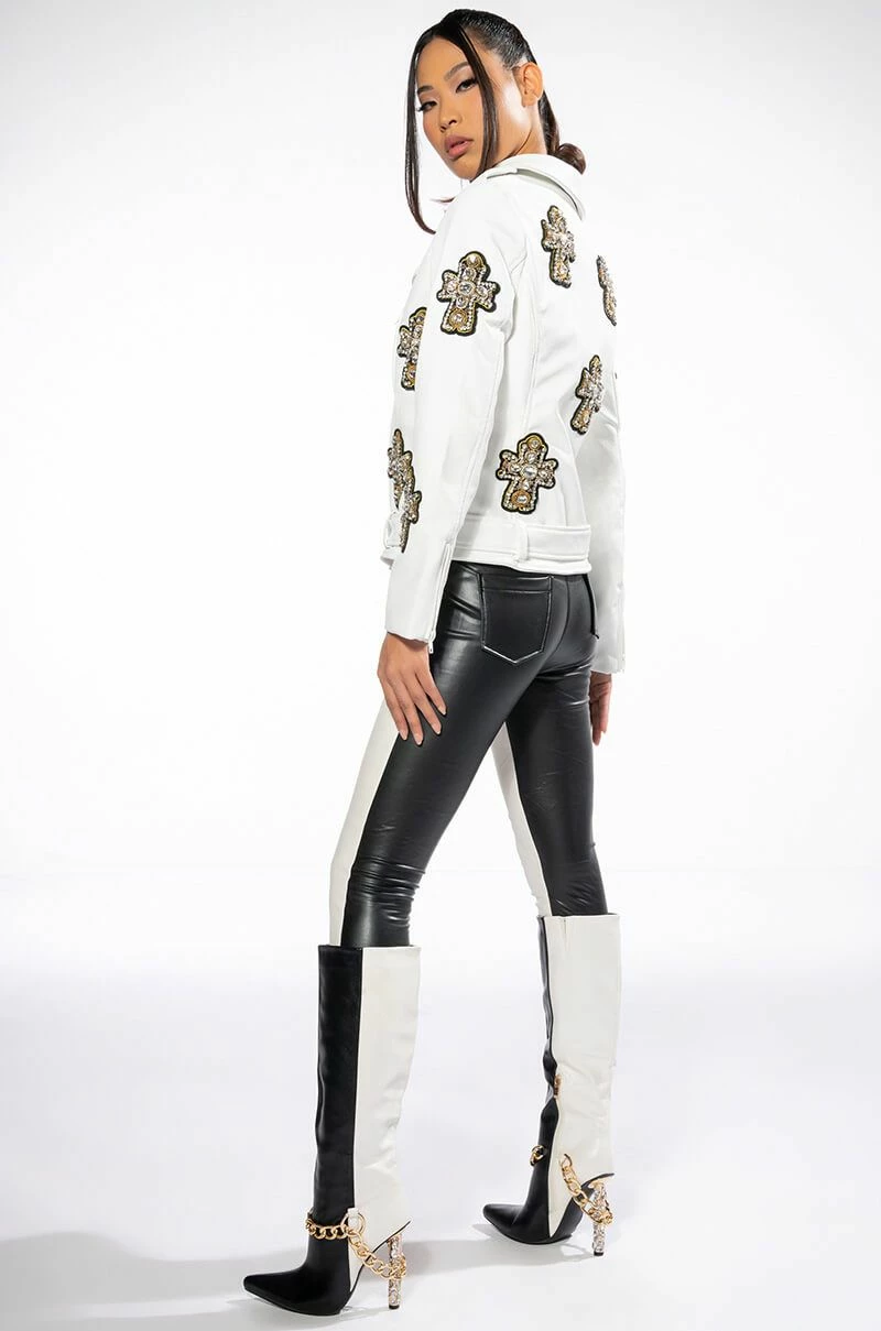 THANK GOD FOR ME RHINESTONE EMBELLISHED PU MOTO JACKET - Image 6