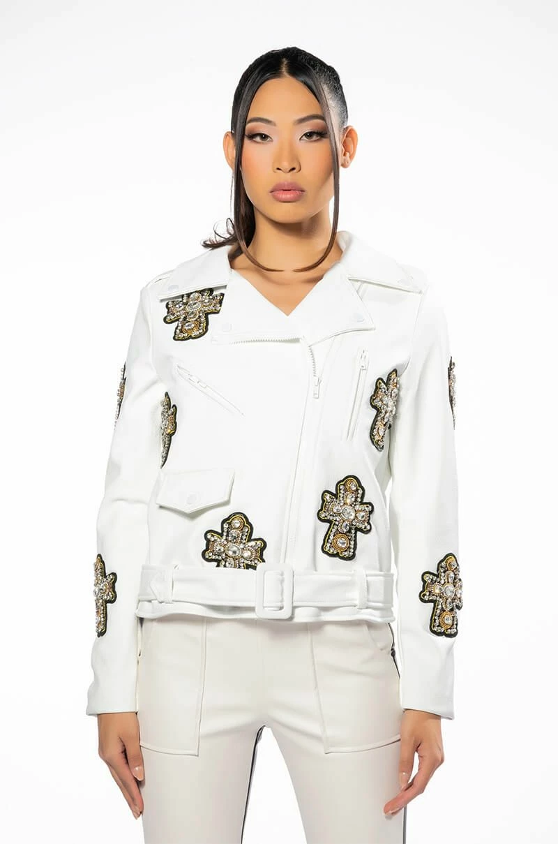 THANK GOD FOR ME RHINESTONE EMBELLISHED PU MOTO JACKET - Image 7