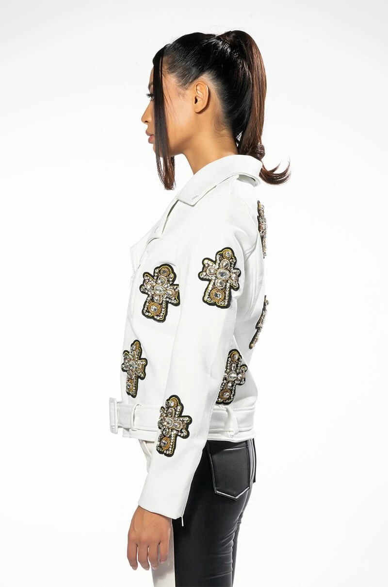 THANK GOD FOR ME RHINESTONE EMBELLISHED PU MOTO JACKET - Image 8