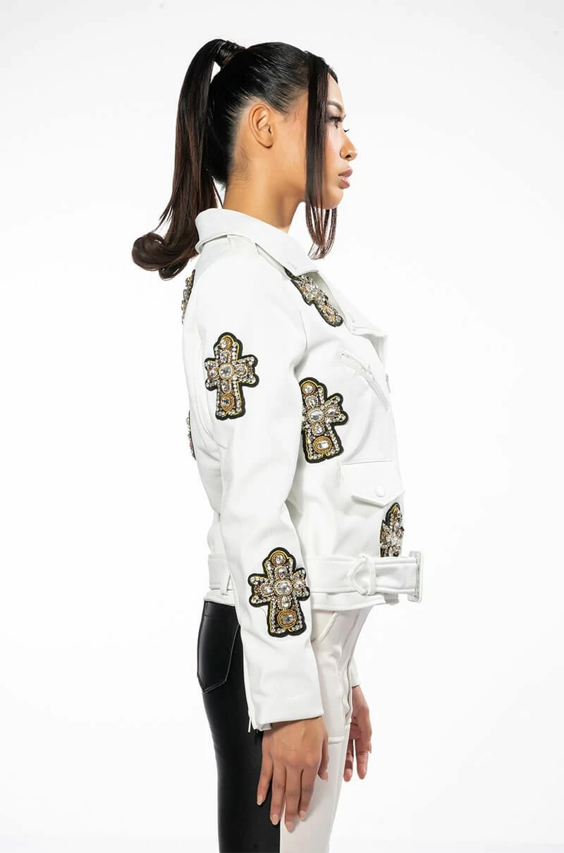 THANK GOD FOR ME RHINESTONE EMBELLISHED PU MOTO JACKET - Image 9