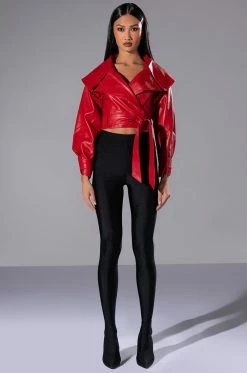 THE DRAMA WIDE COLLAR BELTED CROP MOTO -AKIRA Sales Shop the drama wide collar belted crop moto red 3 3
