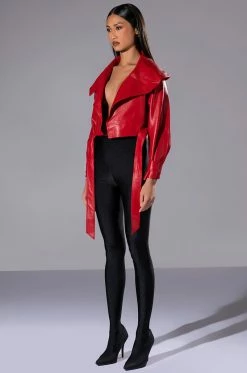 THE DRAMA WIDE COLLAR BELTED CROP MOTO -AKIRA Sales Shop the drama wide collar belted crop moto red 4 4