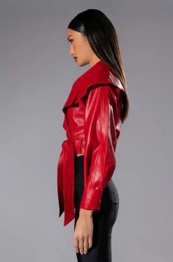 THE DRAMA WIDE COLLAR BELTED CROP MOTO -AKIRA Sales Shop the drama wide collar belted crop moto red 5 5