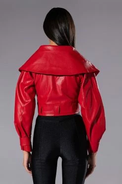 THE DRAMA WIDE COLLAR BELTED CROP MOTO -AKIRA Sales Shop the drama wide collar belted crop moto red 6 6