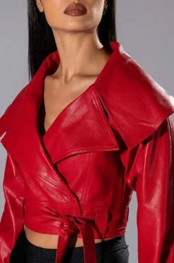 THE DRAMA WIDE COLLAR BELTED CROP MOTO -AKIRA Sales Shop the drama wide collar belted crop moto red 7 7