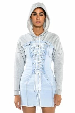 THE LAST WORD LACE UP DENIM HOODIE MINI DRESS