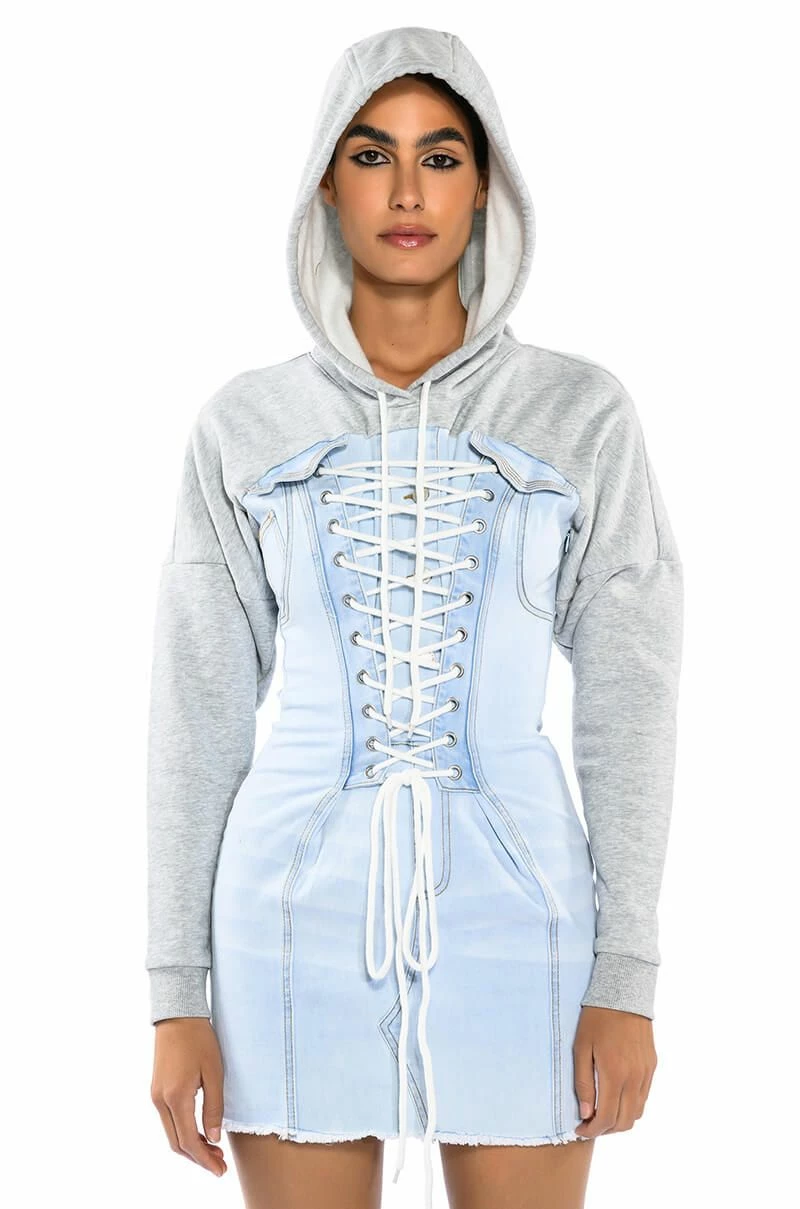 THE LAST WORD LACE UP DENIM HOODIE MINI DRESS 3 THE LAST WORD LACE UP DENIM HOODIE MINI DRESS