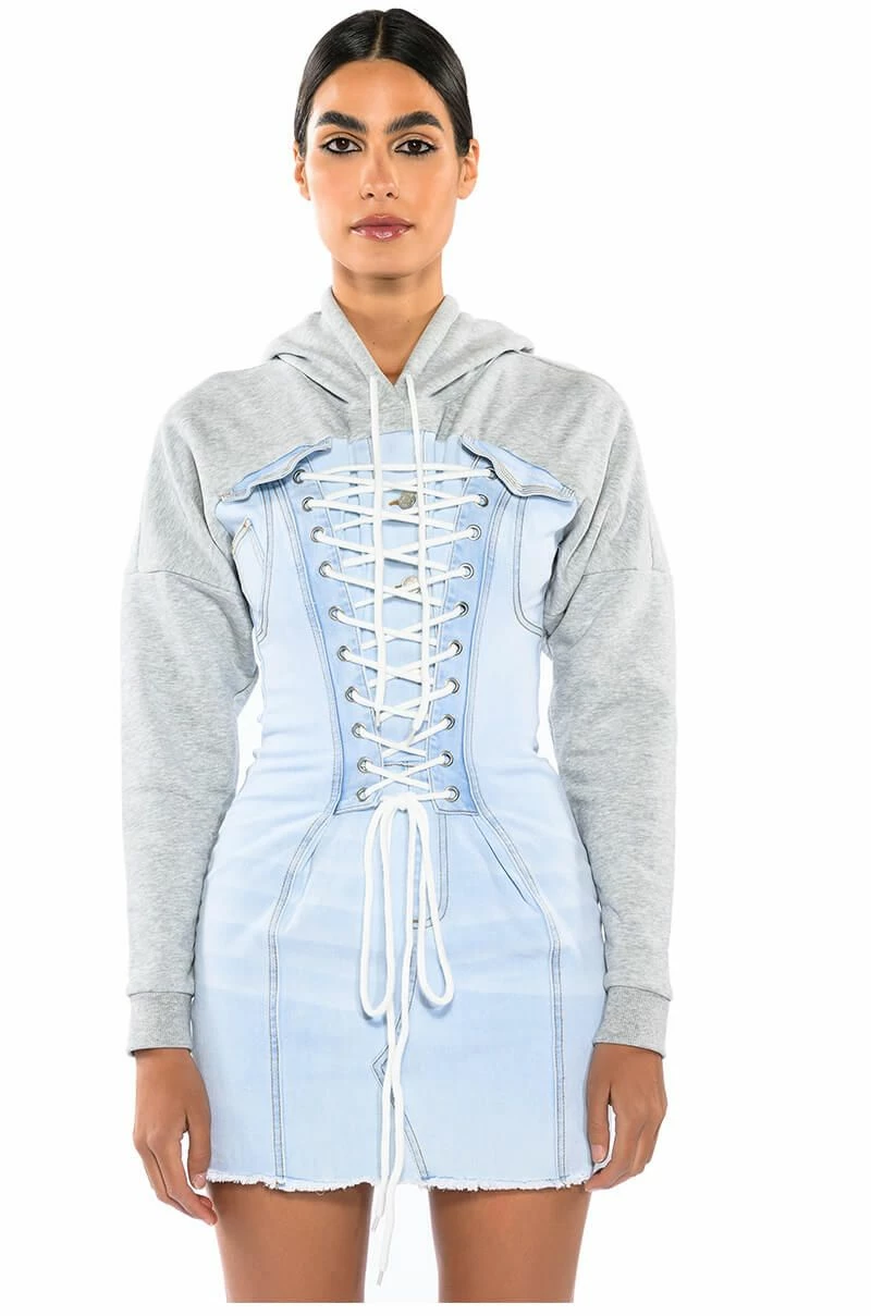 THE LAST WORD LACE UP DENIM HOODIE MINI DRESS 4 THE LAST WORD LACE UP DENIM HOODIE MINI DRESS - Image 2