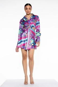 TIE BACK SCARF PRINT SHIRT DRESS 12 TIE BACK SCARF PRINT SHIRT DRESS -AKIRA Sales Shop tie back scarf print shirt dress blue multi 3 3