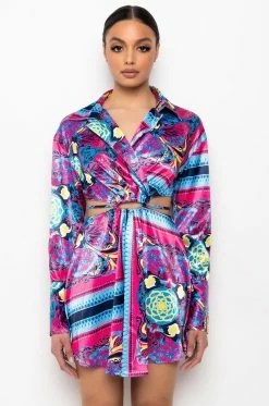 TIE BACK SCARF PRINT SHIRT DRESS 13 TIE BACK SCARF PRINT SHIRT DRESS -AKIRA Sales Shop tie back scarf print shirt dress blue multi 4 4