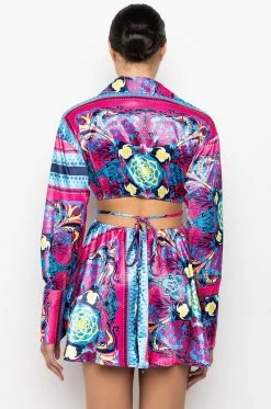 TIE BACK SCARF PRINT SHIRT DRESS 15 TIE BACK SCARF PRINT SHIRT DRESS -AKIRA Sales Shop tie back scarf print shirt dress blue multi 6 6