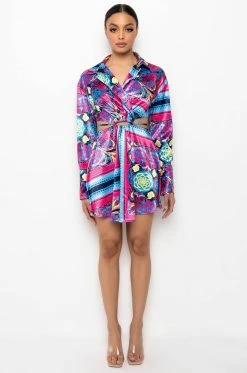 TIE BACK SCARF PRINT SHIRT DRESS 17 TIE BACK SCARF PRINT SHIRT DRESS -AKIRA Sales Shop tie back scarf print shirt dress blue multi 8 8