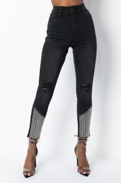 TOO GOOD HIGH WAISTED RHINESTONE FRINGE SKINNY JEANS