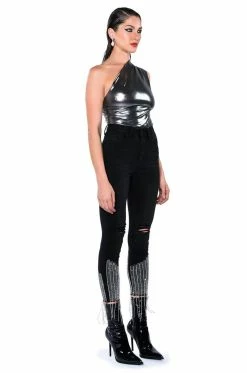 TOO GOOD HIGH WAISTED RHINESTONE FRINGE SKINNY JEANS -AKIRA Sales Shop too good high waisted rhinestone fringe skinny jeans black 10 10