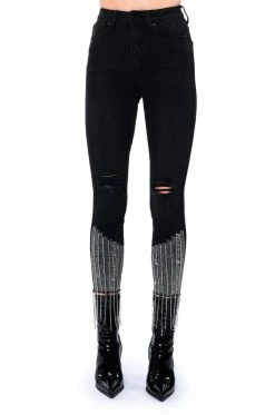 TOO GOOD HIGH WAISTED RHINESTONE FRINGE SKINNY JEANS -AKIRA Sales Shop too good high waisted rhinestone fringe skinny jeans black 11 11
