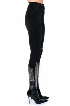 TOO GOOD HIGH WAISTED RHINESTONE FRINGE SKINNY JEANS -AKIRA Sales Shop too good high waisted rhinestone fringe skinny jeans black 12 12