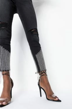 TOO GOOD HIGH WAISTED RHINESTONE FRINGE SKINNY JEANS -AKIRA Sales Shop too good high waisted rhinestone fringe skinny jeans black 4