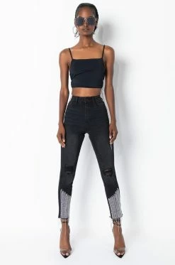TOO GOOD HIGH WAISTED RHINESTONE FRINGE SKINNY JEANS -AKIRA Sales Shop too good high waisted rhinestone fringe skinny jeans black 5