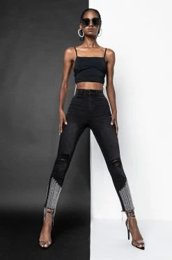 TOO GOOD HIGH WAISTED RHINESTONE FRINGE SKINNY JEANS -AKIRA Sales Shop too good high waisted rhinestone fringe skinny jeans black 6