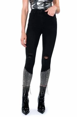TOO GOOD HIGH WAISTED RHINESTONE FRINGE SKINNY JEANS -AKIRA Sales Shop too good high waisted rhinestone fringe skinny jeans black 7 7 c1