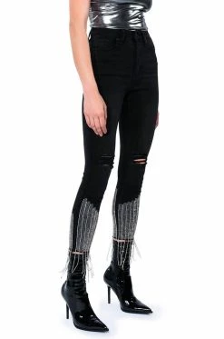 TOO GOOD HIGH WAISTED RHINESTONE FRINGE SKINNY JEANS -AKIRA Sales Shop too good high waisted rhinestone fringe skinny jeans black 8 8