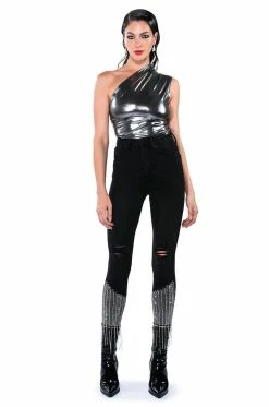 TOO GOOD HIGH WAISTED RHINESTONE FRINGE SKINNY JEANS -AKIRA Sales Shop too good high waisted rhinestone fringe skinny jeans black 9 9