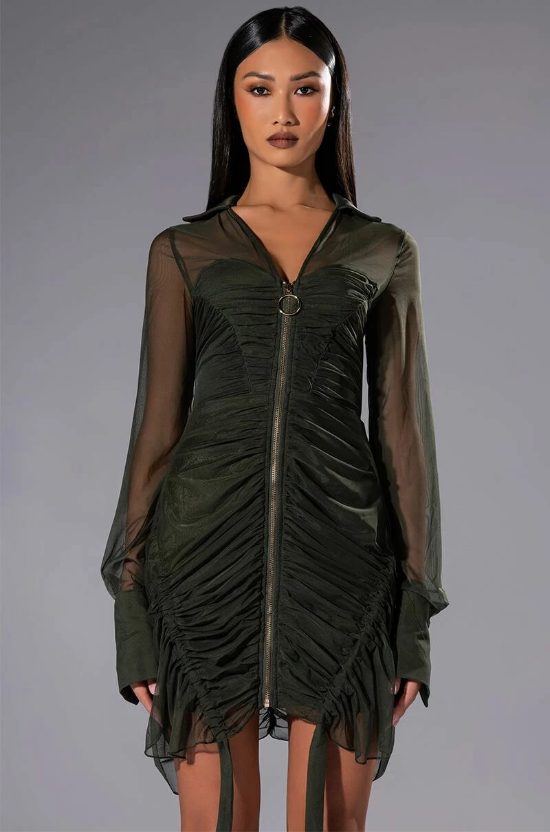 WREN RUCHED ZIP UP MESH MINI DRESS IN OLIVE