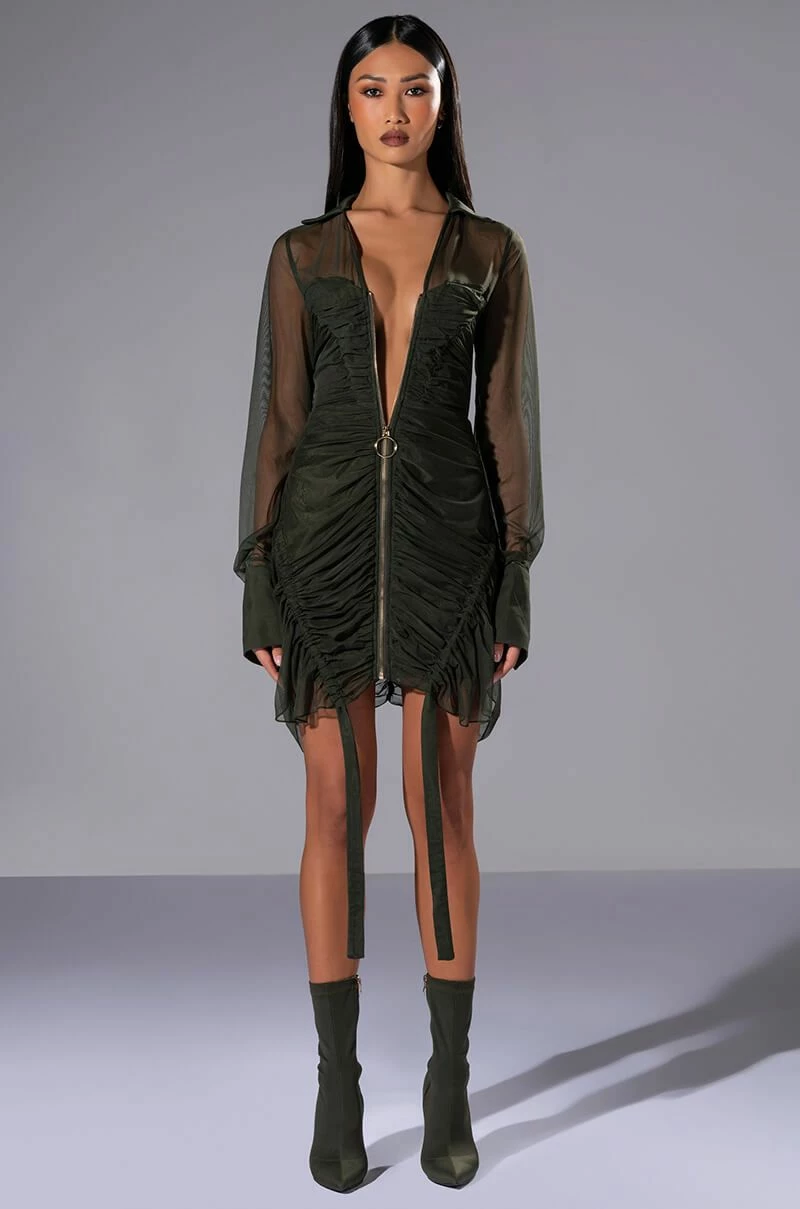 WREN RUCHED ZIP UP MESH MINI DRESS IN OLIVE - Image 2
