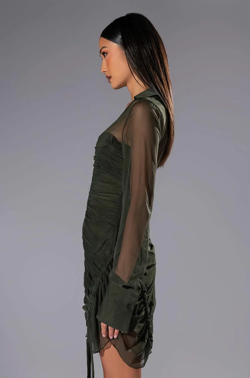 WREN RUCHED ZIP UP MESH MINI DRESS IN OLIVE - Image 3