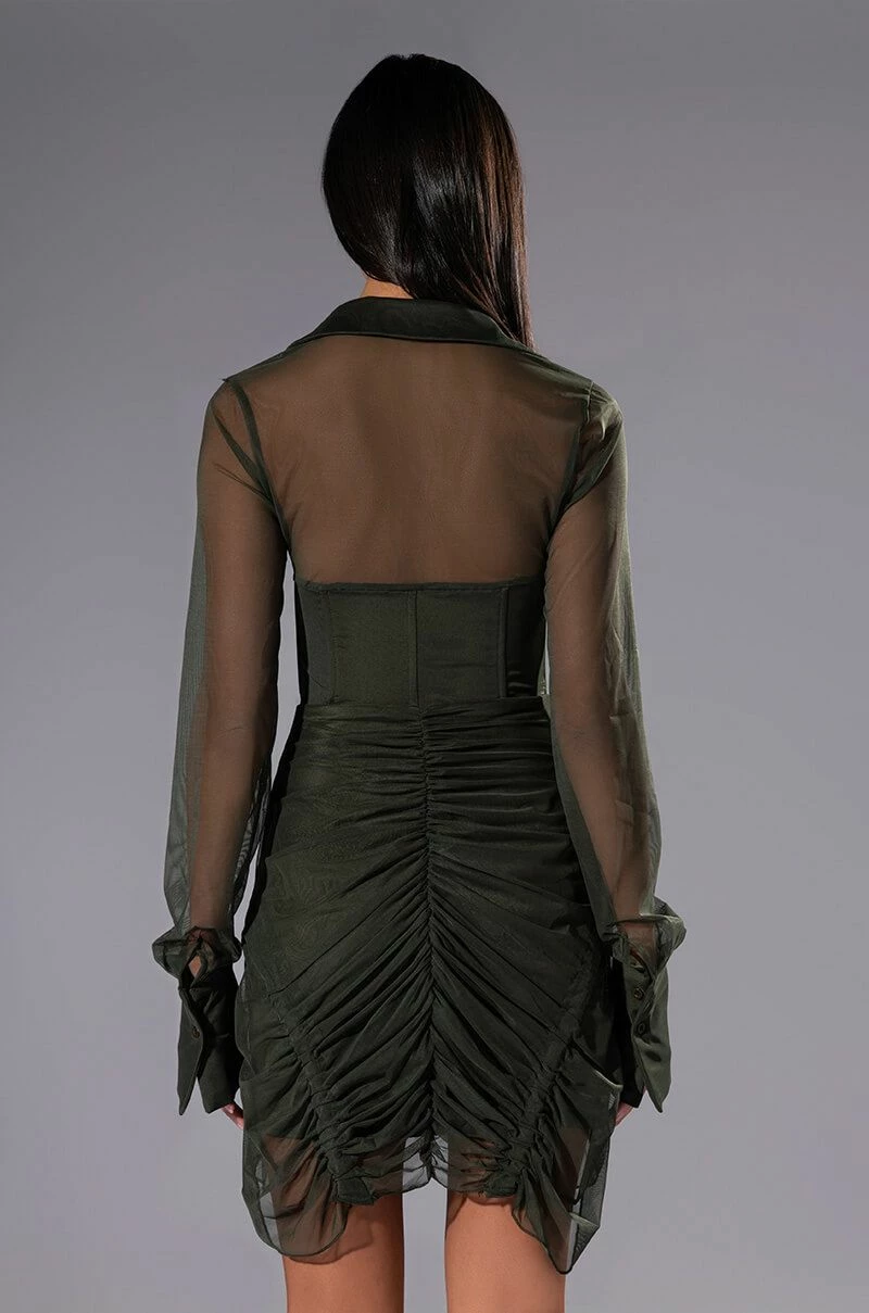 WREN RUCHED ZIP UP MESH MINI DRESS IN OLIVE - Image 4