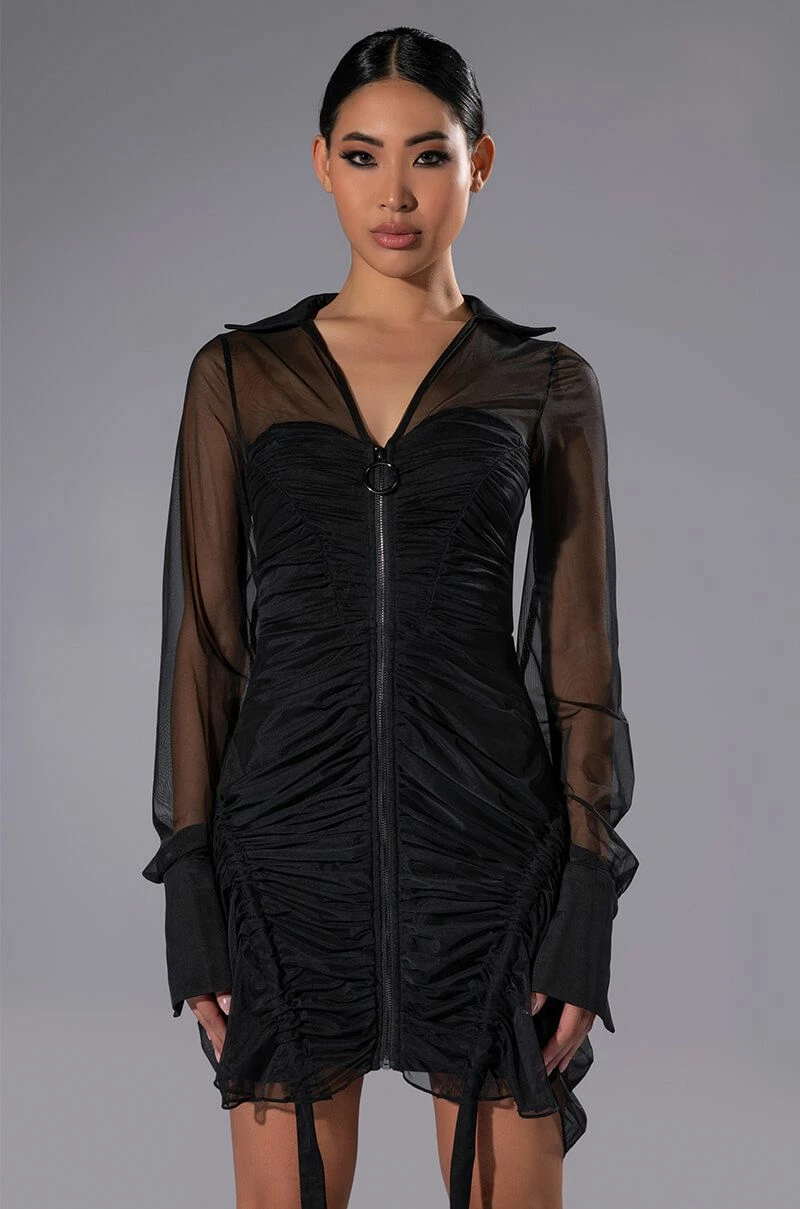 WREN RUCHED ZIP UP MESH MINI DRESS 3 WREN RUCHED ZIP UP MESH MINI DRESS